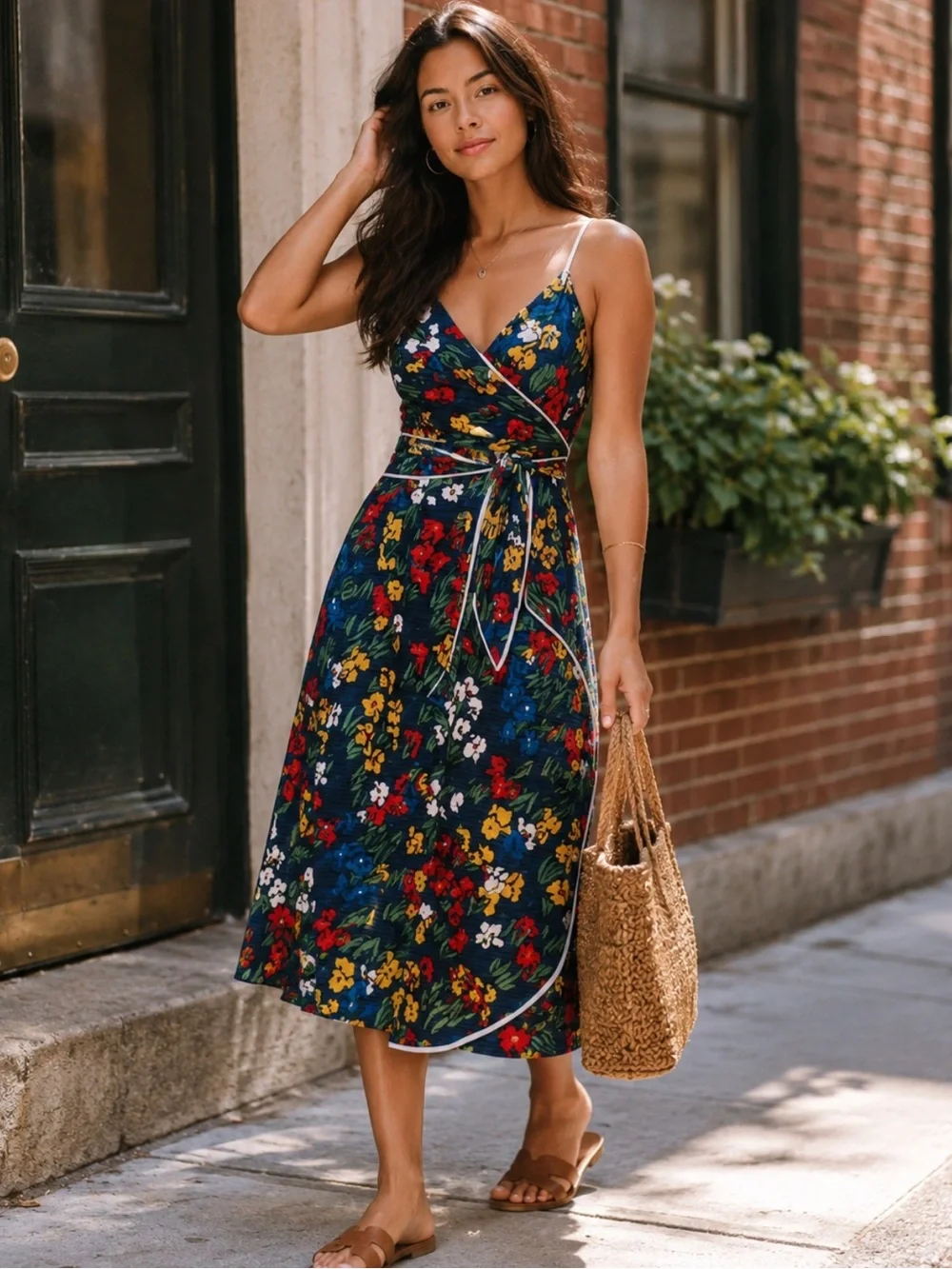 TORY BURCH Navy Blue Floral Grotto Midi Wrap Dress Size 8